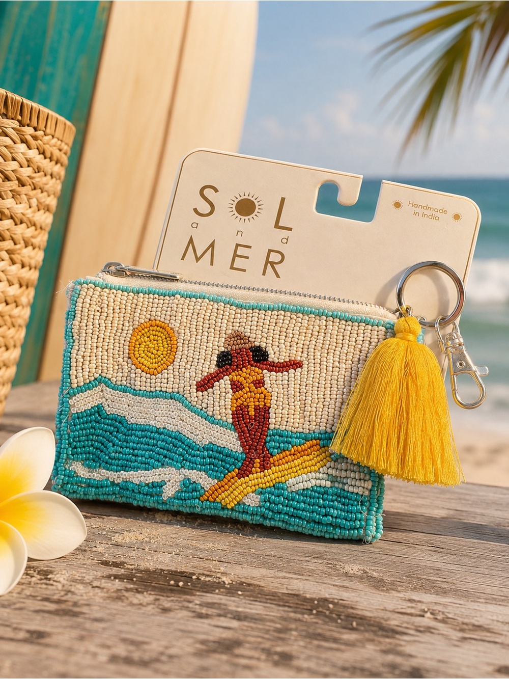 NWT Sol & Mer Handmade Beaded Surfer Girl Coin Purse Keychain Coastal Bag Charm